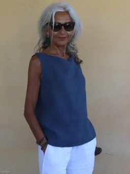 top en lin sans manche pour femme couleur marine