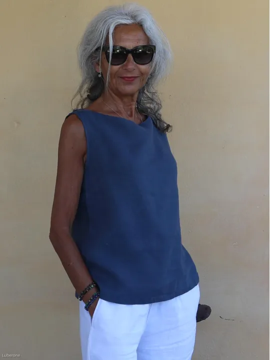 navy blue sleeveless linen top for women