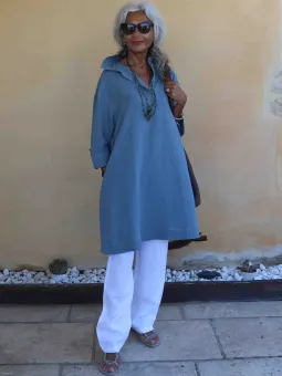 Front view of a grey linen A-line dress