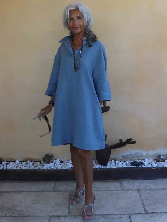 Grey linen A-line dress with three-quarter sleeves