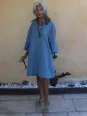 Grey linen A-line dress with three-quarter sleeves