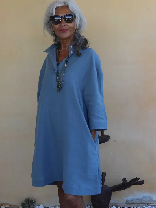 Robe trapèze en lin gris avec poches