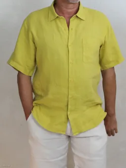 chemise-lin-homme-manches-courtes-jaune-detail