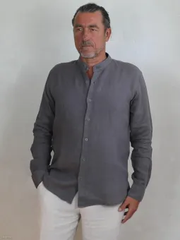 chemise-lin-homme-sans-col-taupe-face