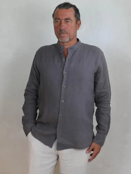 chemise-lin-homme-sans-col-taupe-face