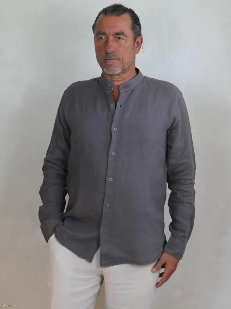 chemise-lin-homme-sans-col-taupe-face