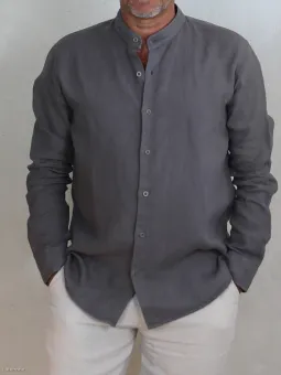 chemise-lin-homme-sans-col-taupe-detail