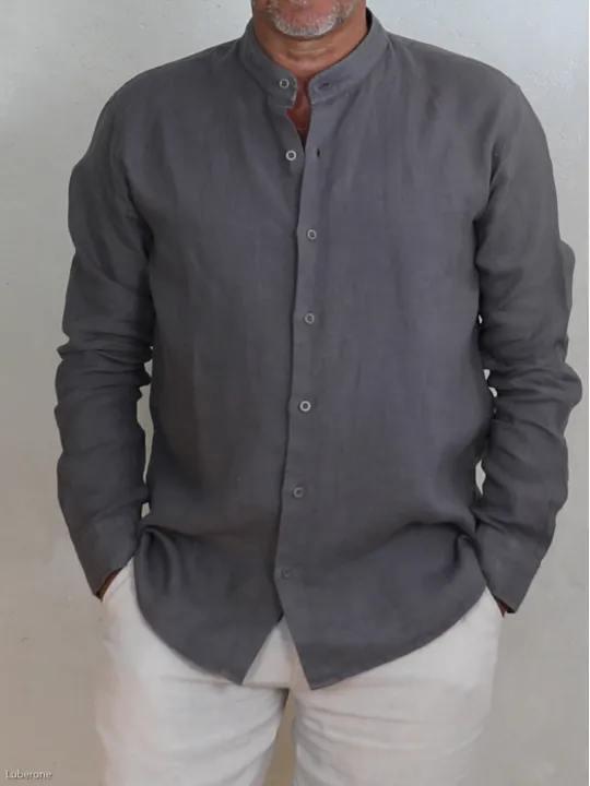 chemise-lin-homme-sans-col-taupe-detail