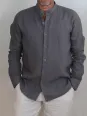 chemise-lin-homme-sans-col-taupe-detail