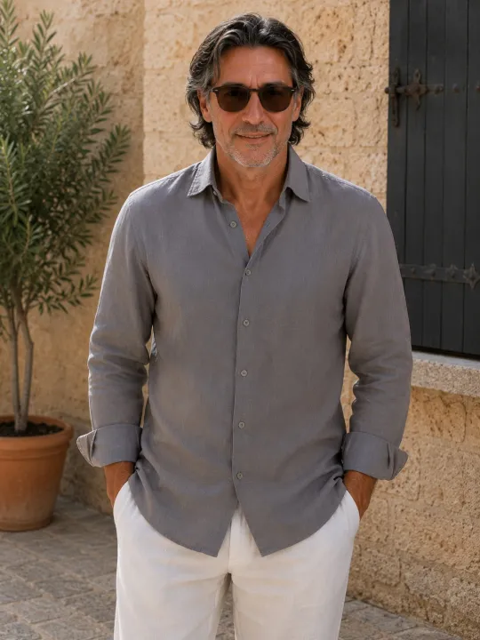 Luberone Bonnieux men's taupe linen shirt with collar and long sleeves front view