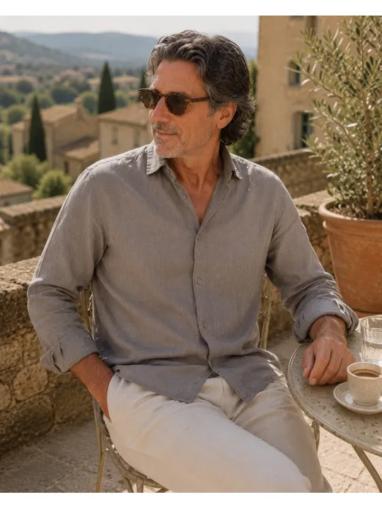 Luberone Bonnieux men's taupe linen shirt with collar and long sleeves worn on a Provençal terrace