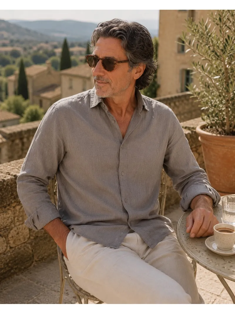 Luberone Bonnieux chemise en lin homme taupe avec col et manches longues portée en terrasse provençale