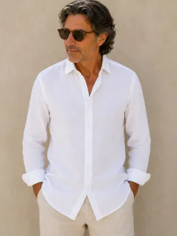 Luberone Bonnieux men's white linen shirt with collar and long sleeves front view