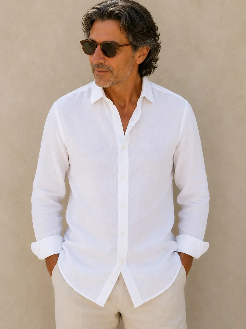 Luberone Bonnieux men's white linen shirt with collar and long sleeves front view