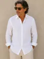 Luberone Bonnieux men's white linen shirt with collar and long sleeves front view
