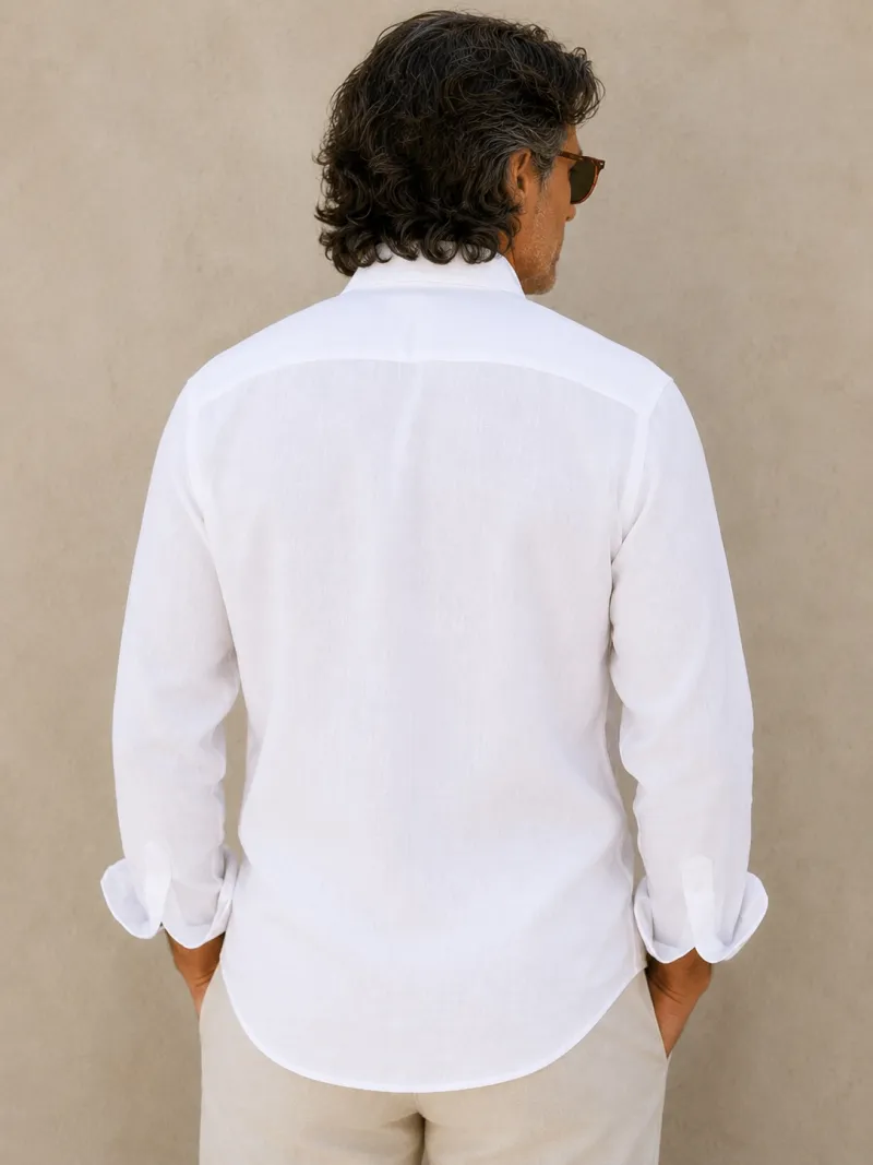 Luberone Bonnieux men's white linen shirt with collar and long sleeves back view with slightly fitted cut
