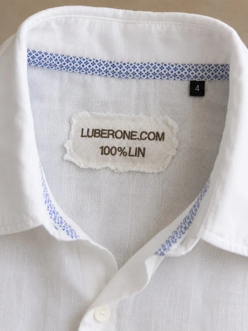 Collar and label of the white men's Bonnieux long sleeve white linen shirt – Luberone