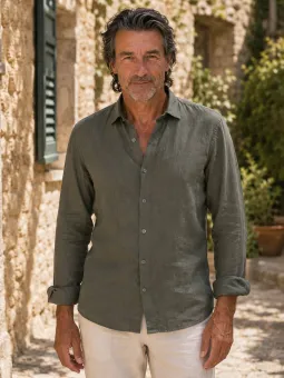 Men's long sleeve khaki linen shirt by Luberone front view