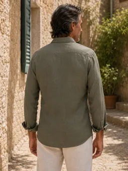 Men's long sleeve khaki linen shirt by Luberone back view