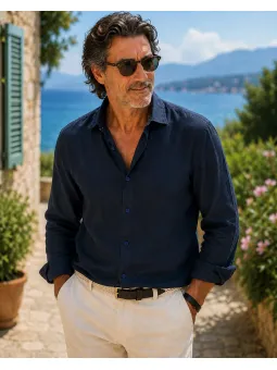 Chemise en lin homme manches longues marine Luberone vue de face
