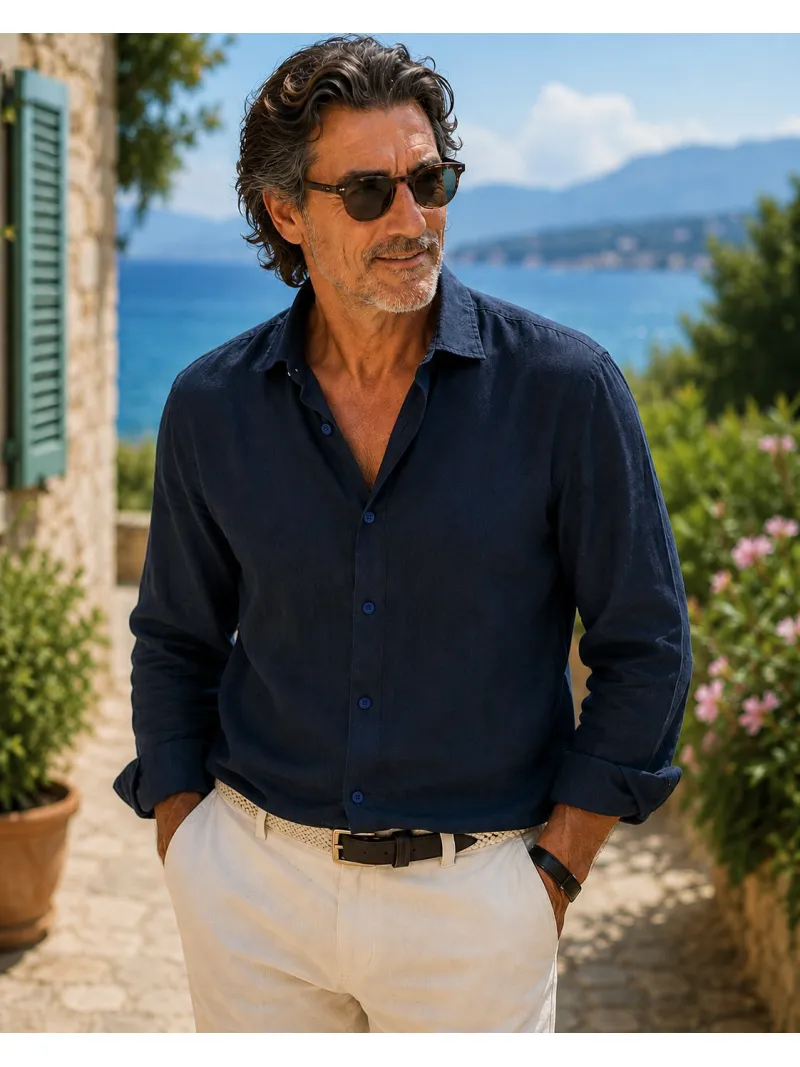 Chemise en lin homme manches longues marine Luberone vue de face