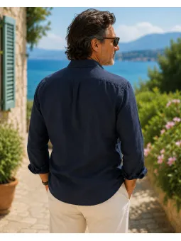 Men's long sleeve navy linen shirt by Luberone back view
