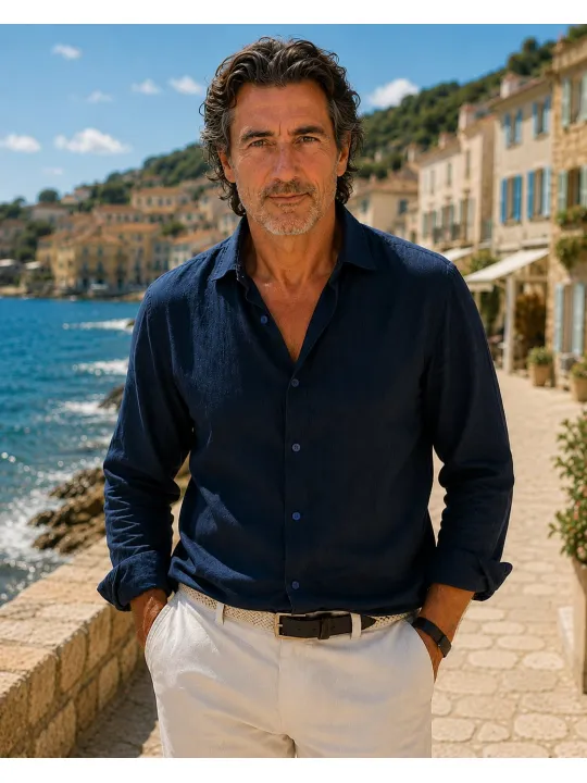 Homme portant une chemise en lin homme manches longues marine Luberone dans un village méditerranéen en bord de mer