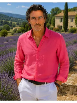 Chemise en lin homme manches longues fuchsia Luberone vue de face