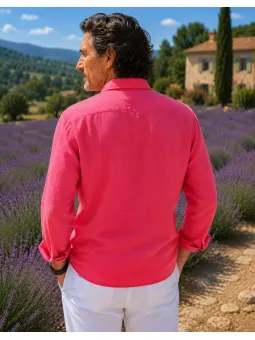 Chemise en lin homme manches longues fuchsia Luberone vue de dos