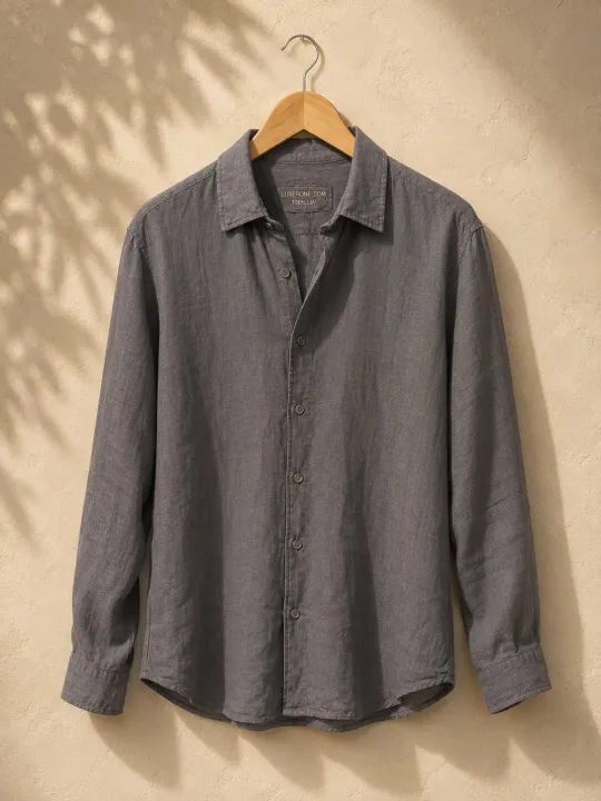 Men's taupe linen long sleeve shirt with collar on wooden hanger – full view – Luberone Bonnieux