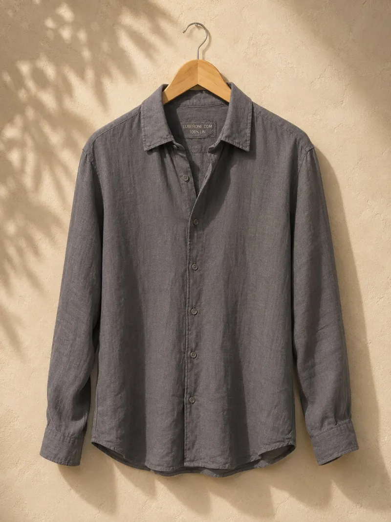 Men's taupe linen long sleeve shirt with collar on wooden hanger – full view – Luberone Bonnieux