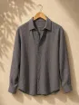 Men's taupe linen long sleeve shirt with collar on wooden hanger – full view – Luberone Bonnieux
