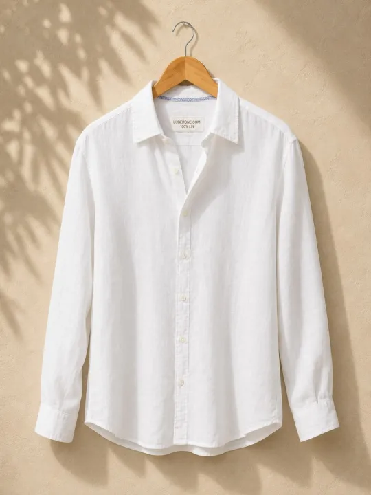 Men's white linen long sleeve shirt with collar on hanger