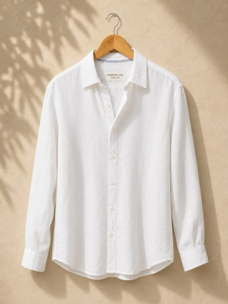 Chemise en lin homme blanche manches longues avec col sur cintre