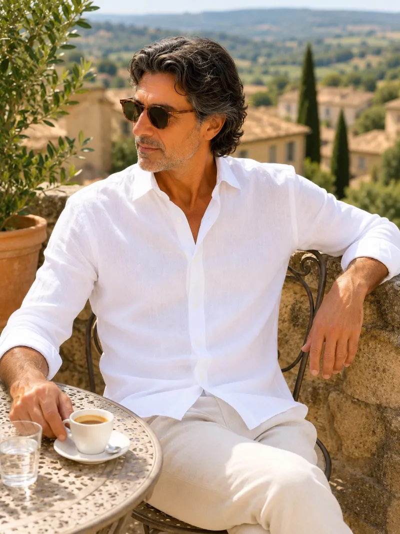 Men's white linen long sleeve shirt on a Provençal lifestyle