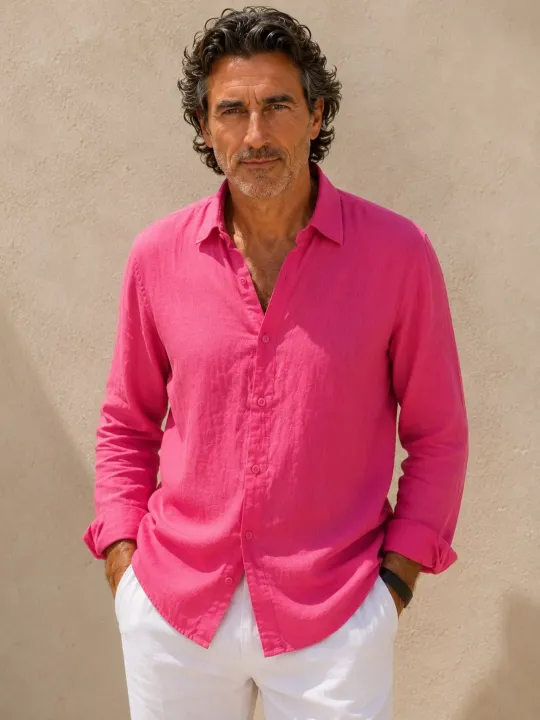 Men's fuchsia linen long sleeve shirt with collar – front view