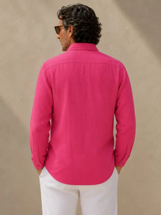 Chemise en lin homme fuchsia manches longues avec col – vue de dos