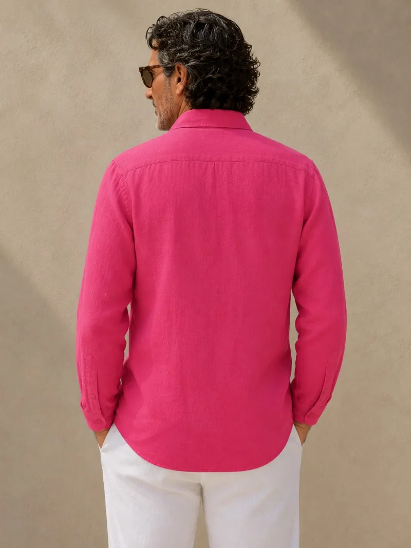 Chemise en lin homme fuchsia manches longues avec col – vue de dos