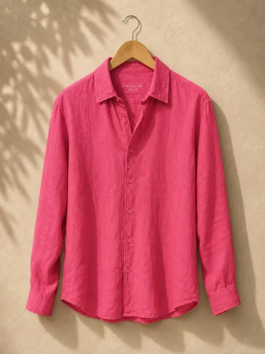 Men's fuchsia linen long sleeve shirt with collar on hanger