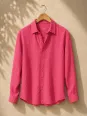 Men's fuchsia linen long sleeve shirt with collar on hanger