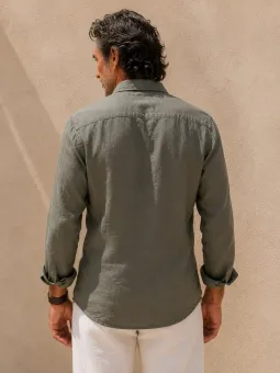 Chemise en lin homme kaki manches longues avec col – vue de dos