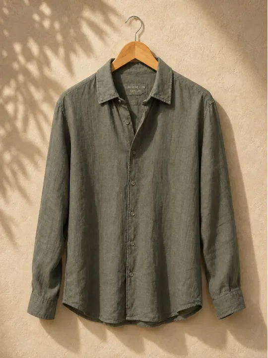 Chemise en lin homme kaki manches longues avec col sur cintre