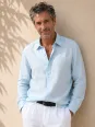 Men's sky blue linen long sleeve shirt with collar – front view