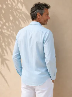 Men's sky blue linen long sleeve shirt with collar – back view