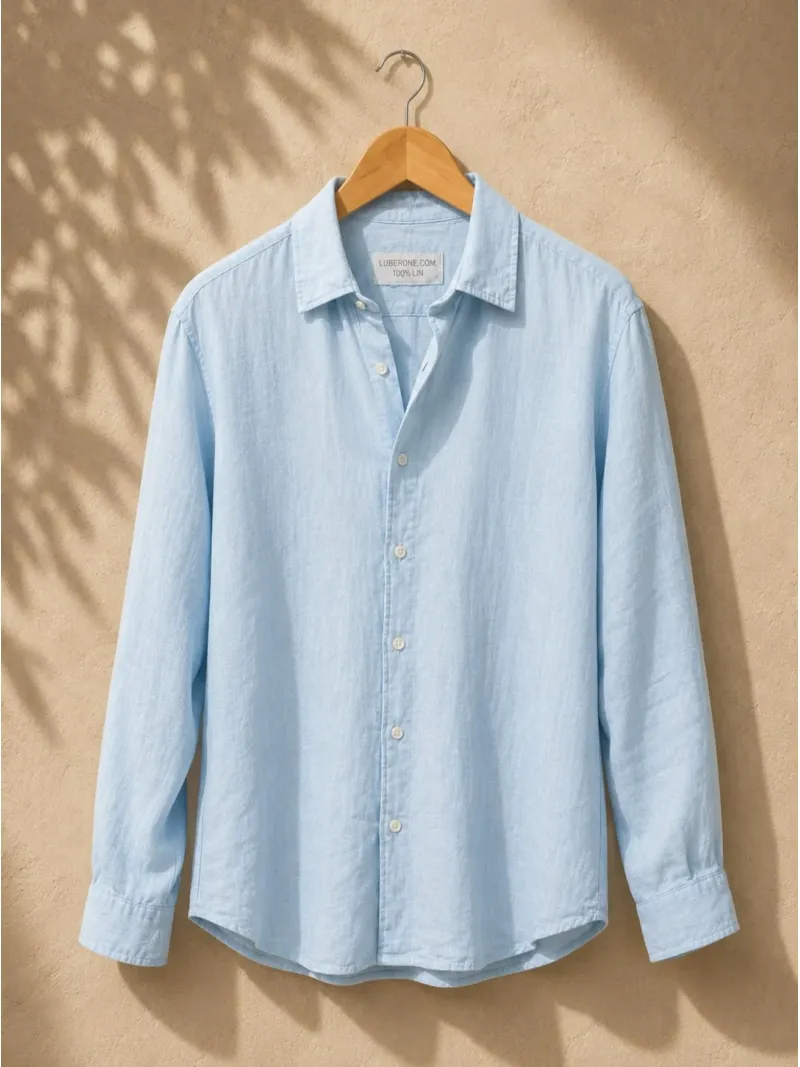 Men's sky blue linen long sleeve shirt with collar on hanger