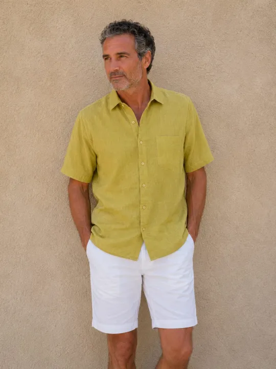 Men's mustard yellow linen short sleeve shirt with collar – front view