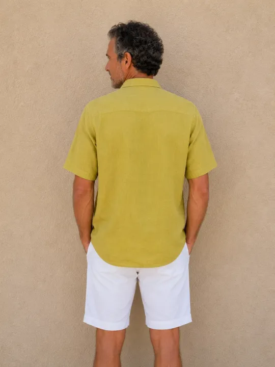 Men's mustard yellow linen short sleeve shirt with collar – back view