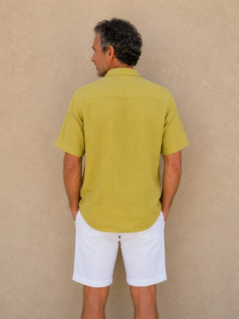 Men's mustard yellow linen short sleeve shirt with collar – back view