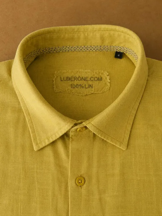 Classic collar detail of the men's mustard yellow linen short sleeve shirt