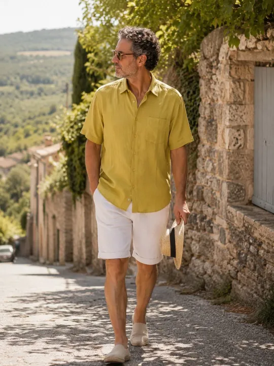 Man wearing a mustard yellow linen short sleeve shirt in the Luberon